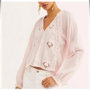 EUC Free People Sivan pink gauze LS blouse floral - women’s XS